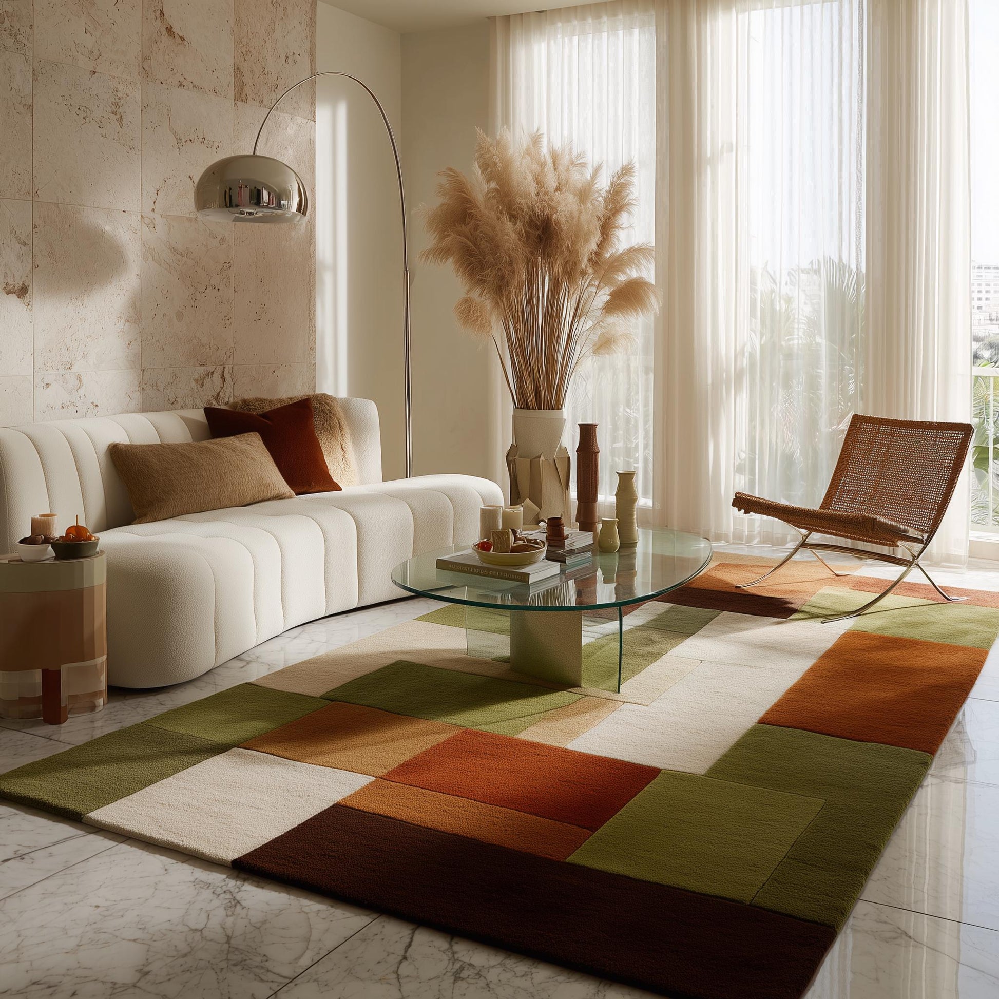 Handmade wool rug with mid-century modern color block design in olive, rust, cream, and brown