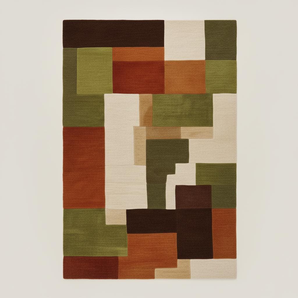 Retro modern geometric area rug with olive and rust blocks placed on marble floor, perfect for minimalist décor.
