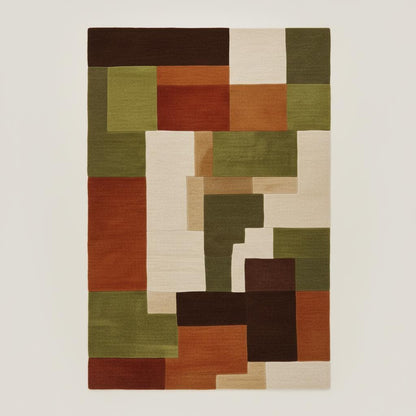 Retro modern geometric area rug with olive and rust blocks placed on marble floor, perfect for minimalist décor.