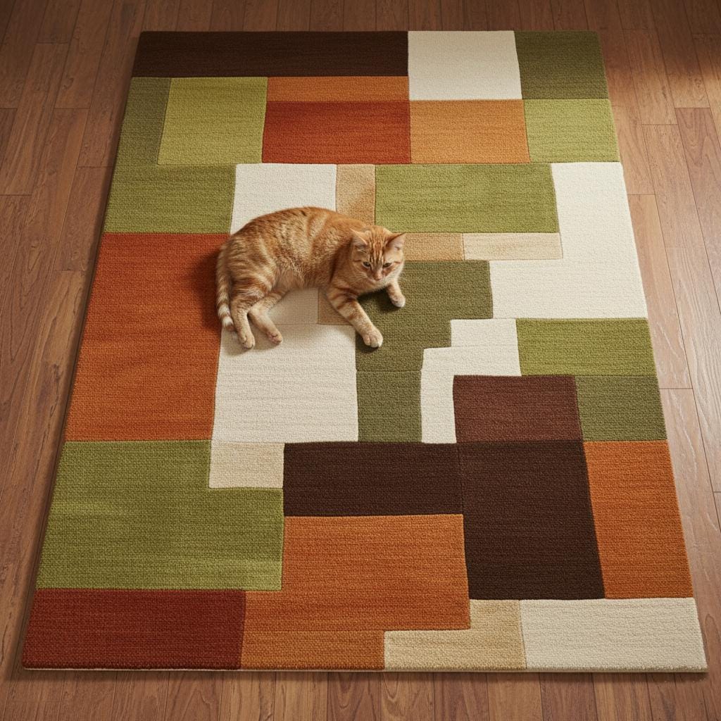 Large handmade wool area rug under a glass table; olive and rust geometric pattern suits living room or office.