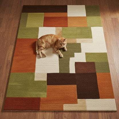 Large handmade wool area rug under a glass table; olive and rust geometric pattern suits living room or office.