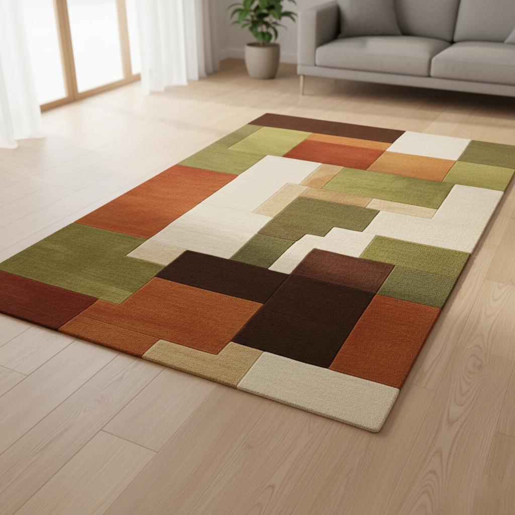 Mid-century modern rug with 70s-inspired color palette—olive green, rust orange, cream—soft wool texture and clean lines.