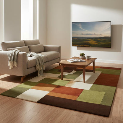 Geometric color-block rug styled with neutral sofa and woven chair; custom size handmade wool carpet.