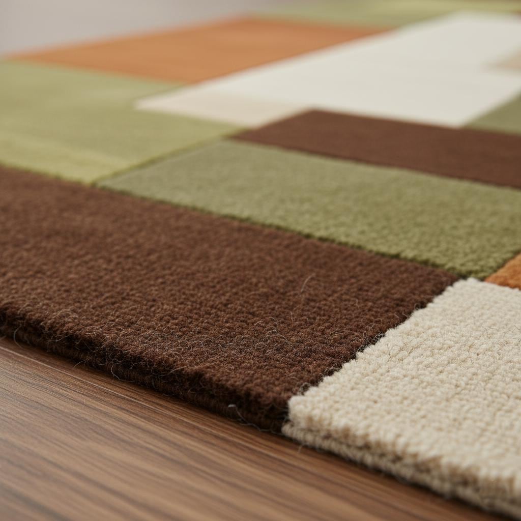 Close view of color-block wool pile showing olive, burnt orange, cream, and brown squares in a mid-century design.