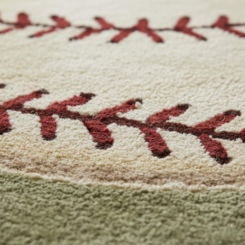 Handmade wool baseball rug with red stitching on green background for kids' sports nursery decor, 8x10 feet