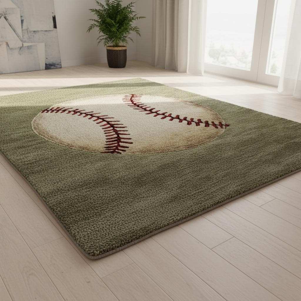Handmade Wool Baseball Rug: Sports Nursery Decor, 8x10