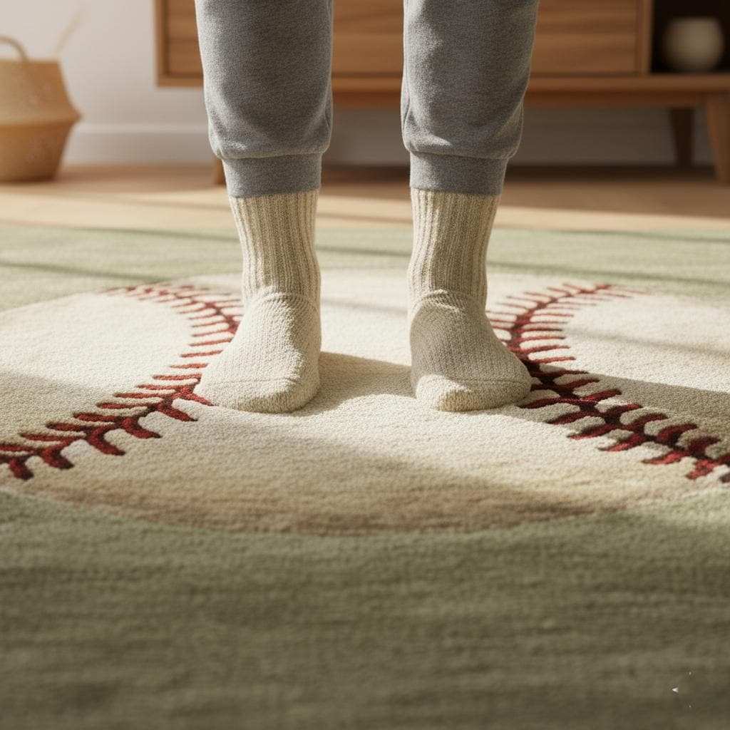 Handmade Wool Baseball Rug: Sports Nursery Decor, 8x10