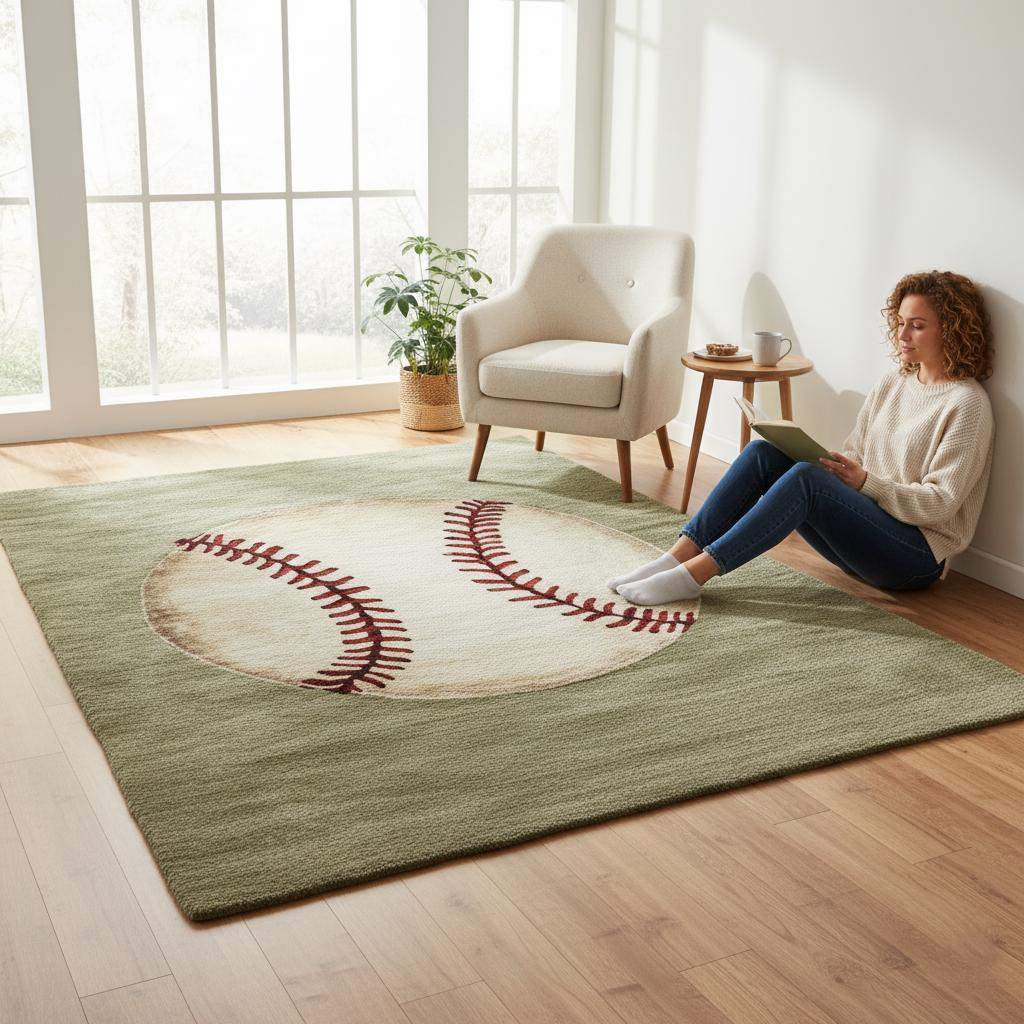 Handmade Wool Baseball Rug: Sports Nursery Decor, 8x10