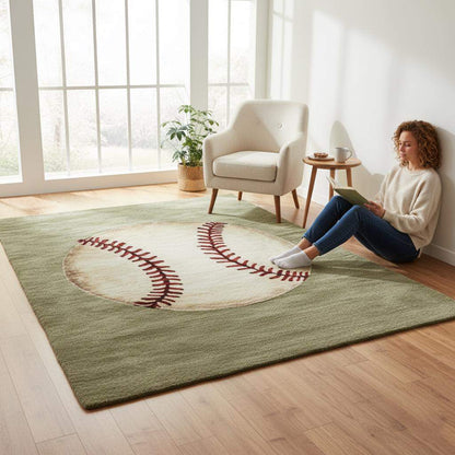 Handmade Wool Baseball Rug: Sports Nursery Decor, 8x10