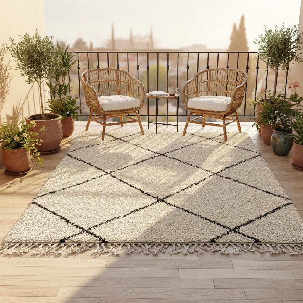 Handmade Wool Beni Ourain Rug – Cream & Black Diamond Berber Carpet