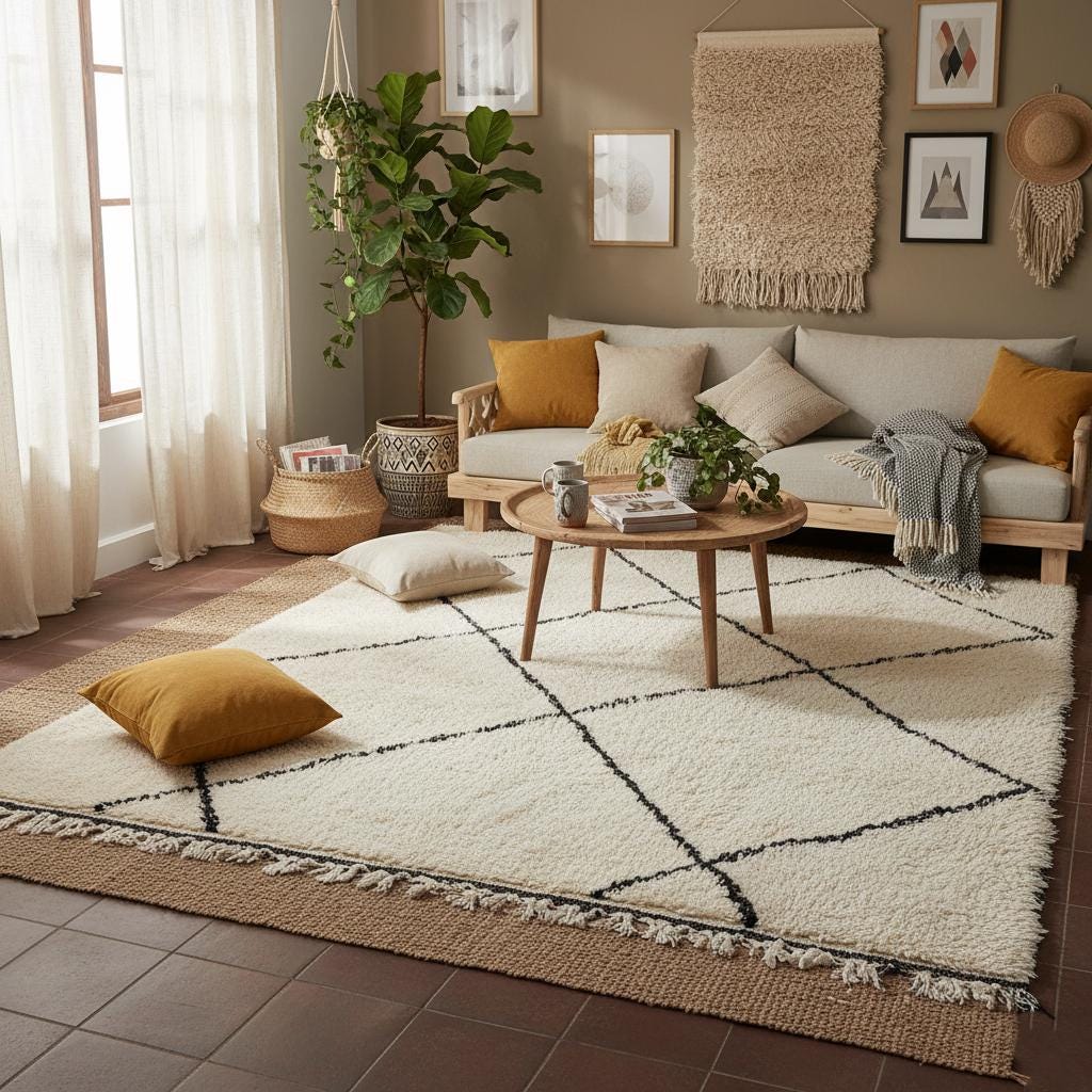 Handmade Wool Beni Ourain Rug – Cream & Black Diamond Berber Carpet
