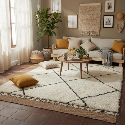 Handmade Wool Beni Ourain Rug – Cream & Black Diamond Berber Carpet