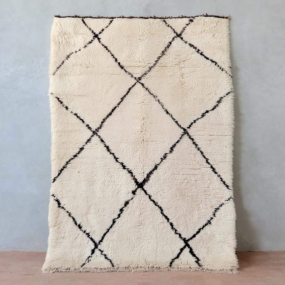 Handmade Wool Beni Ourain Rug with cream and black diamond pattern, soft natural wool Berber carpet.