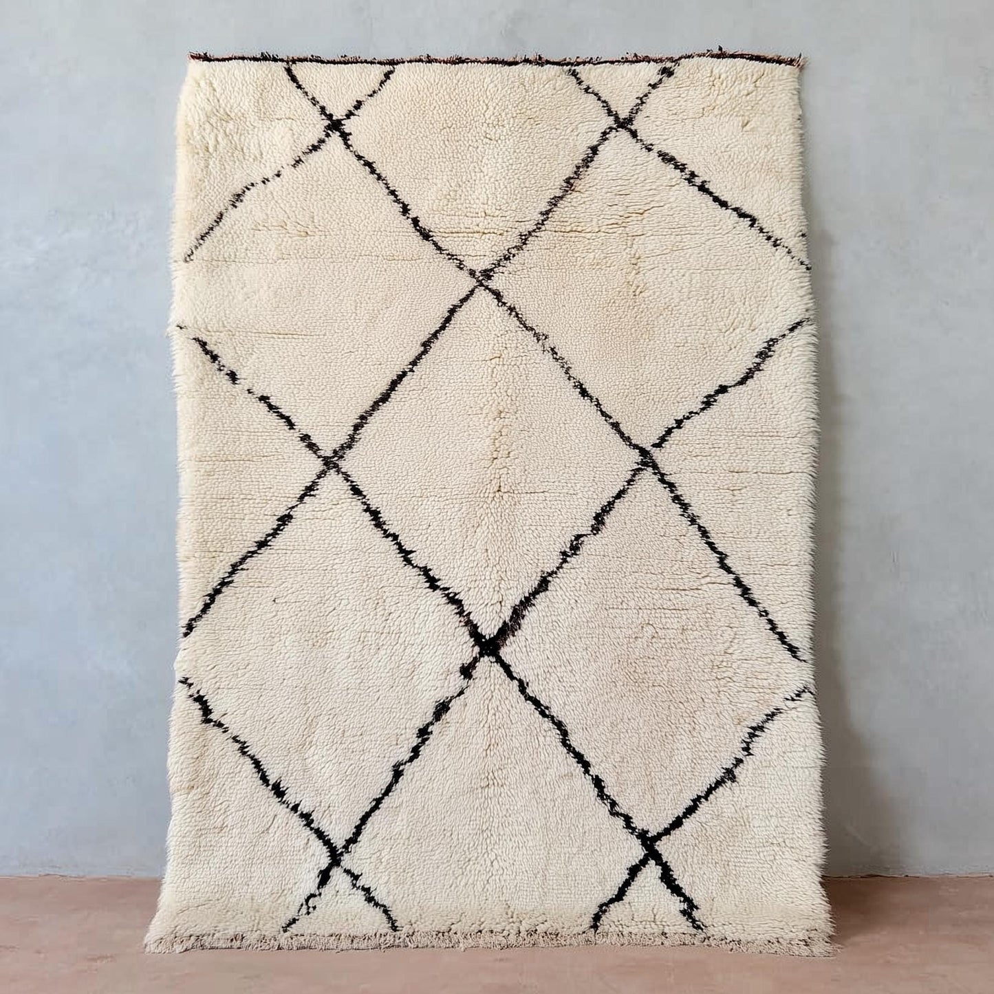 Handmade Wool Beni Ourain Rug with cream and black diamond pattern, soft natural wool Berber carpet.