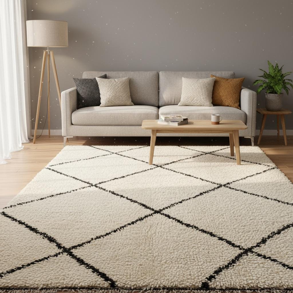 Authentic Berber Beni Ourain carpet, handwoven in Morocco, adds warmth and texture to minimalist interiors.