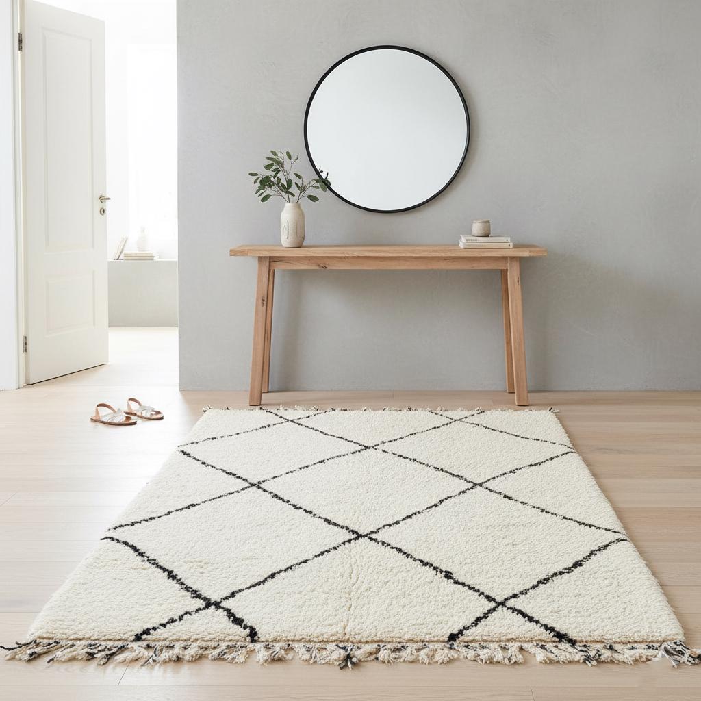 Large ivory Moroccan rug with geometric diamond pattern for modern and bohemian home décor.