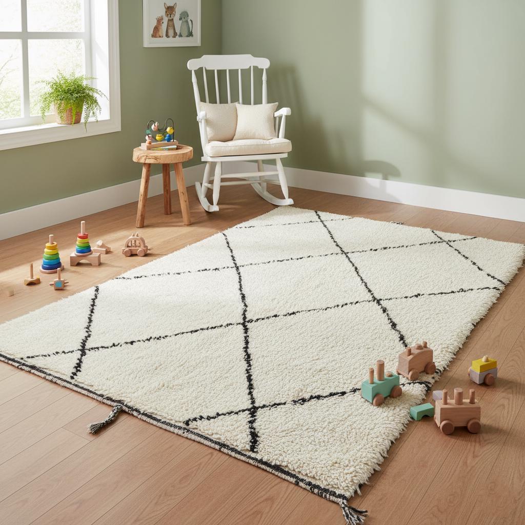 Luxury handmade wool rug with black lattice design, perfect for Scandinavian and cozy home aesthetics.