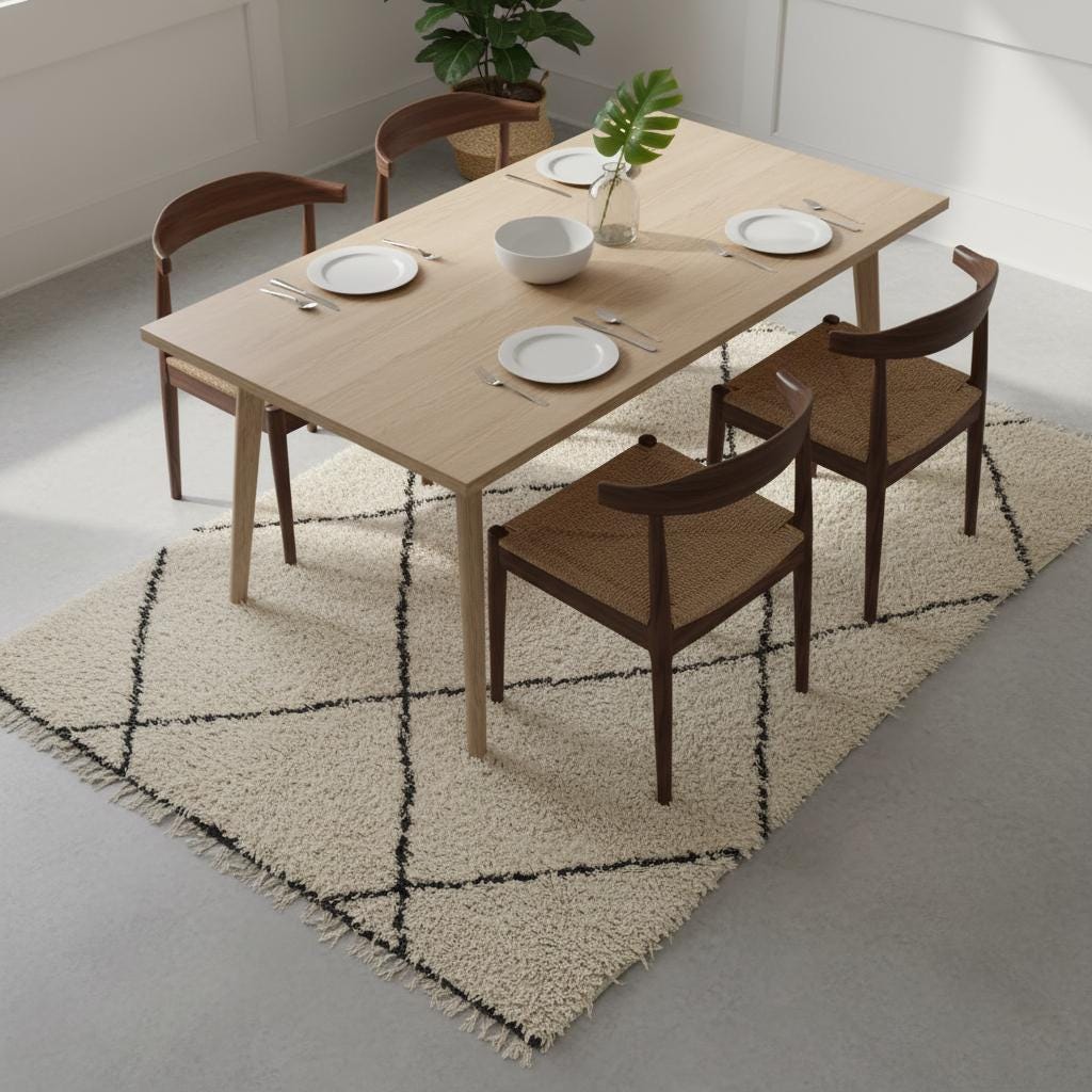 Natural Moroccan Berber rug for living room or bedroom, featuring classic cream and black diamond motifs.