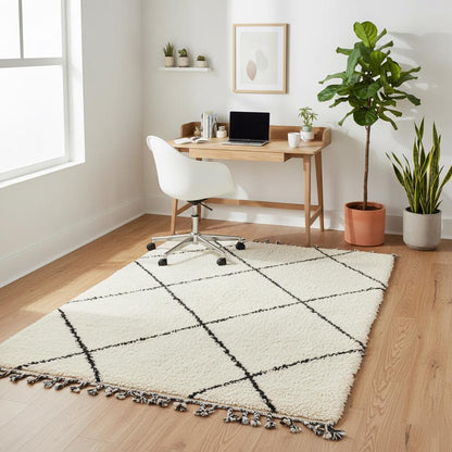 Handmade Wool Beni Ourain Rug – Cream & Black Diamond Berber Carpet