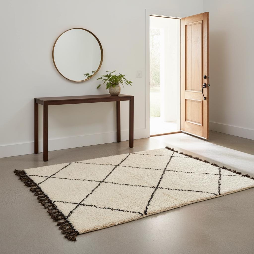 Handmade Wool Beni Ourain Rug – Cream & Black Diamond Berber Carpet