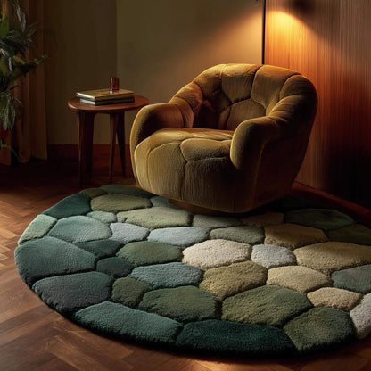 Handmade Wool Pebble Rug: Modern Green Earth Tone Carpet
