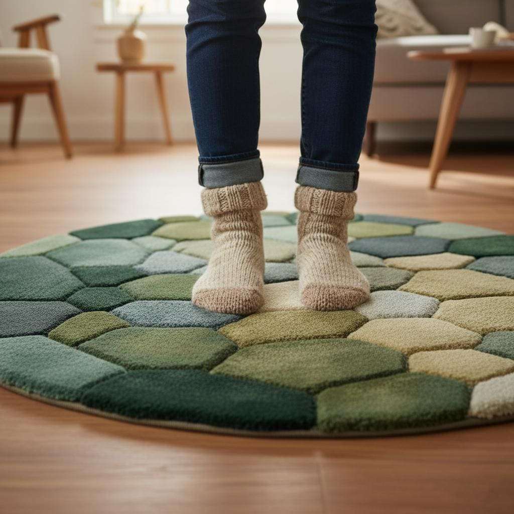 Handmade Wool Pebble Rug: Modern Green Earth Tone Carpet