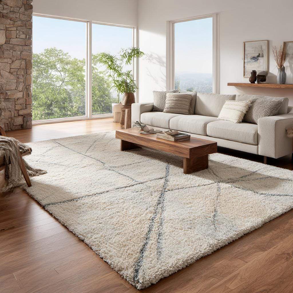 Handmade Wool Tufted Area Rug: Ivory Plush Geometric Design