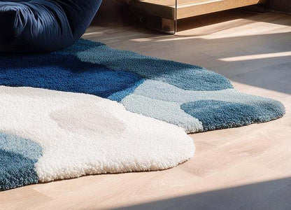 Handmade wool tufted rug in white and blue with modern floral design, 6x9 area rug for living room and home decor