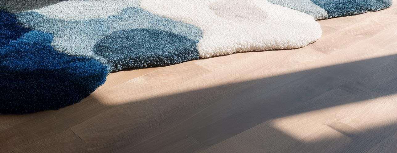 Modern handmade wool tufted rug in white and blue with textured floral design, 6x9 area rug for home decor