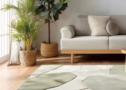 Handmade wool tufted rug with abstract sage green and beige patterns, 8x10 rectangular soft cozy area rug