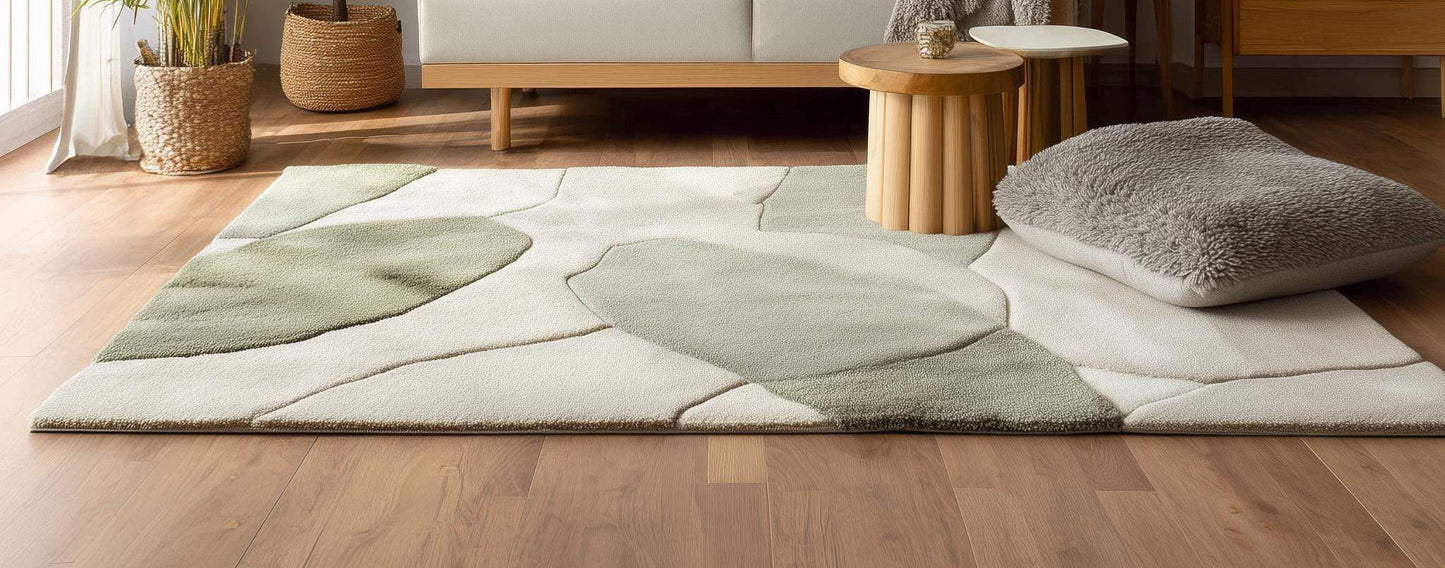 Handmade wool tufted rug 8x10 with abstract sage green and beige design