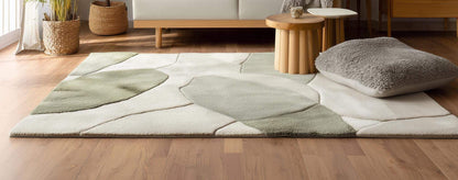 Handmade wool tufted rug 8x10 with abstract sage green and beige design