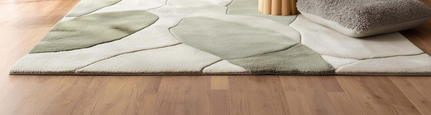 Handmade wool tufted rug with abstract sage green and beige patterns in 8x10 size