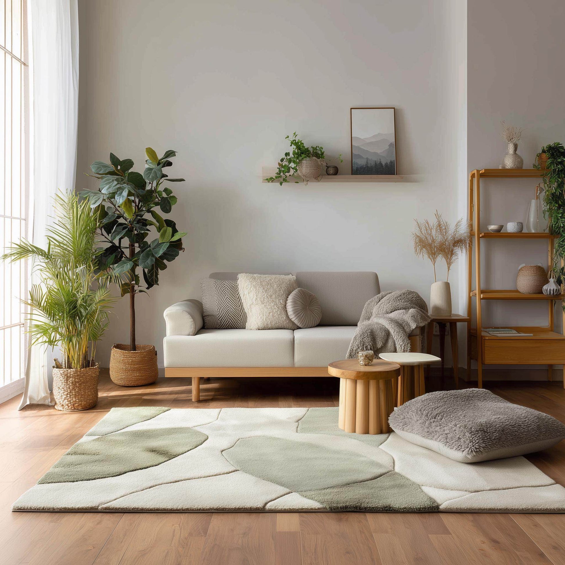 Handmade wool tufted rug with abstract sage green and beige patterns, 8x10 area rug for modern living room decor