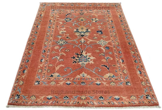 Handmade Wool Turkish Knot Rug: Pink & Yellow Oushak Area Rug