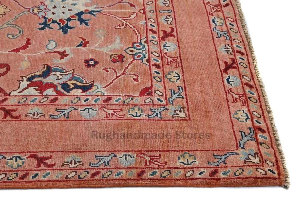 Handmade Wool Turkish Knot Rug: Pink & Yellow Oushak Area Rug