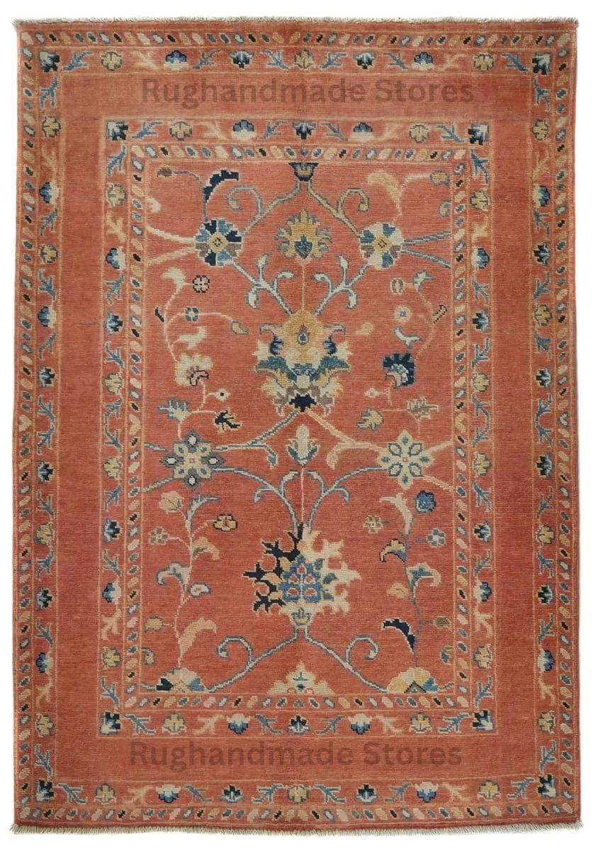 Handmade Wool Turkish Knot Rug: Pink & Yellow Oushak Area Rug