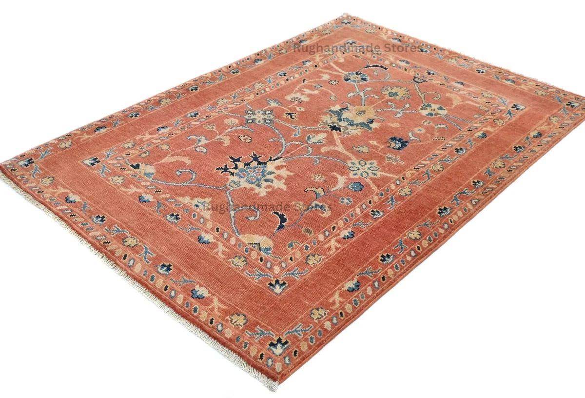 Handmade Wool Turkish Knot Rug: Pink & Yellow Oushak Area Rug