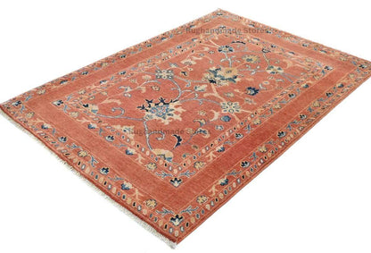 Handmade Wool Turkish Knot Rug: Pink & Yellow Oushak Area Rug