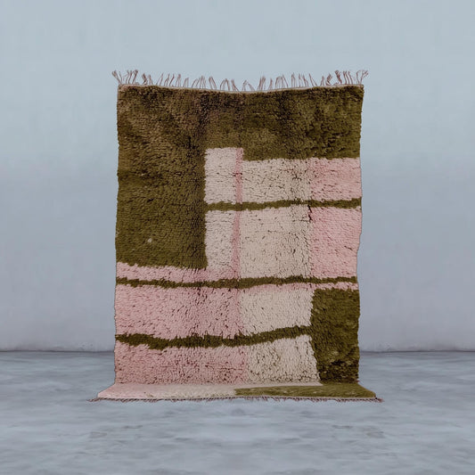 Handwoven Beni Ourain Moroccan rug in pink and olive wool with geometric blocks and fringe