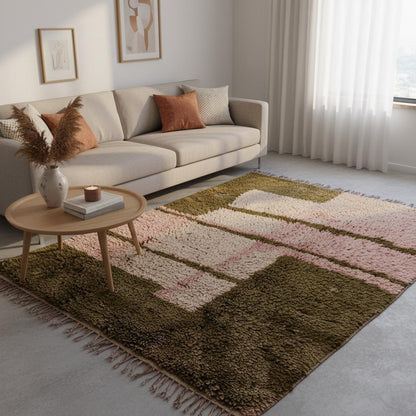 Large dusty-pink wool area rug featuring olive rectangular blocks and cream highlights, Beni Ourain inspired — living room rug, rugs rug carpet teppich.