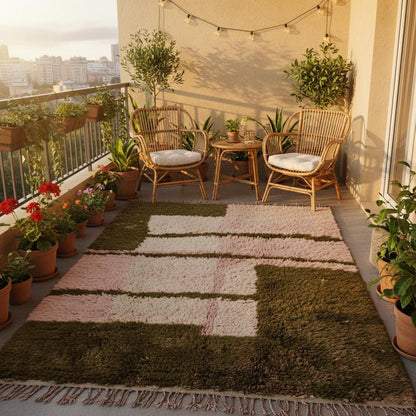 Plush blush pink Moroccan-style shag rug with olive stripes and fringe, handwoven wool for cozy interiors — perfect boho rug, rugs rug carpet teppich.