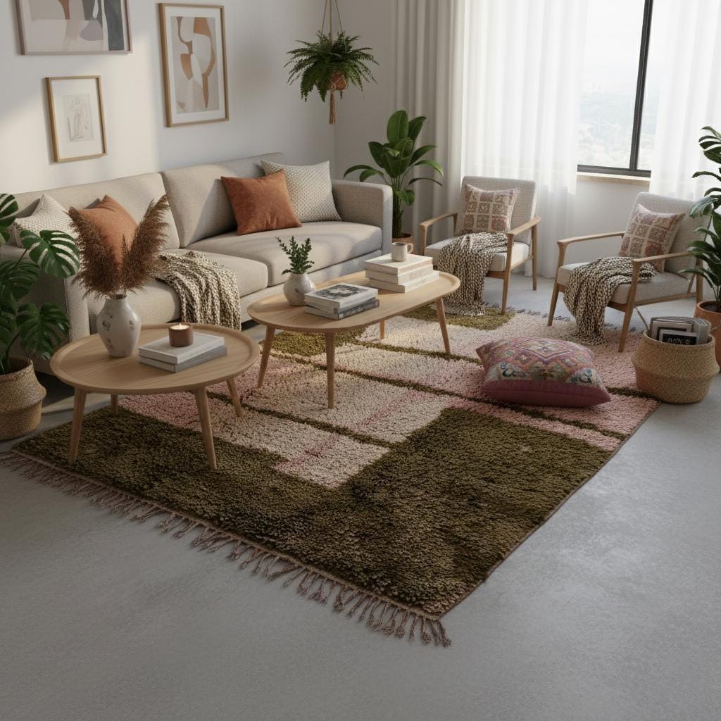 Modern Beni Ourain inspired carpet in dusty-pink and olive with textured shag pile and natural fringe — versatile area rug, rugs rug teppich.