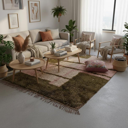 Modern Beni Ourain inspired carpet in dusty-pink and olive with textured shag pile and natural fringe — versatile area rug, rugs rug teppich.