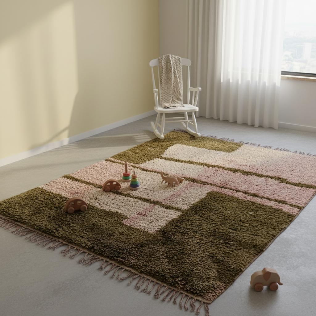 Handwoven Beni Ourain Shag Rug – Pink & Olive Wool, Moroccan Carpet
