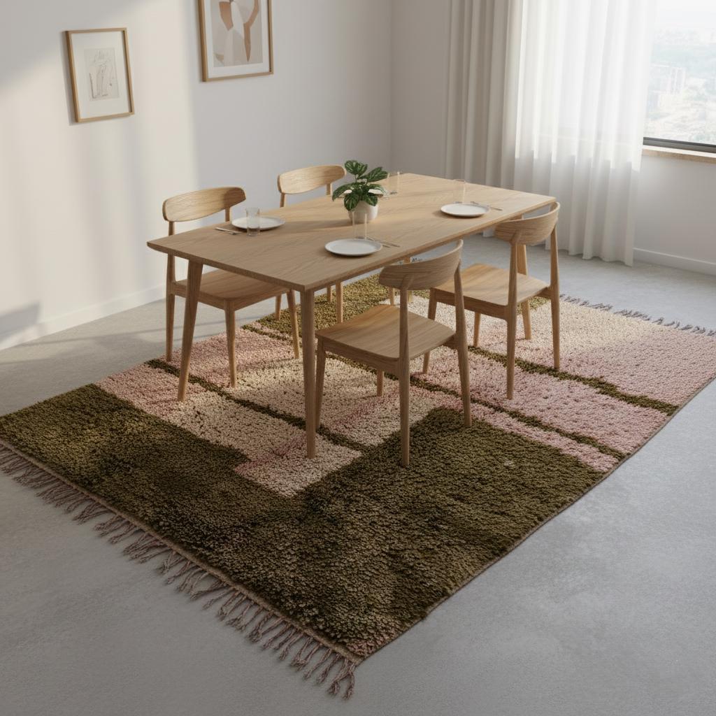 Handwoven Beni Ourain Shag Rug – Pink & Olive Wool, Moroccan Carpet