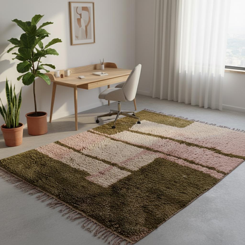 Handwoven Beni Ourain Shag Rug – Pink & Olive Wool, Moroccan Carpet