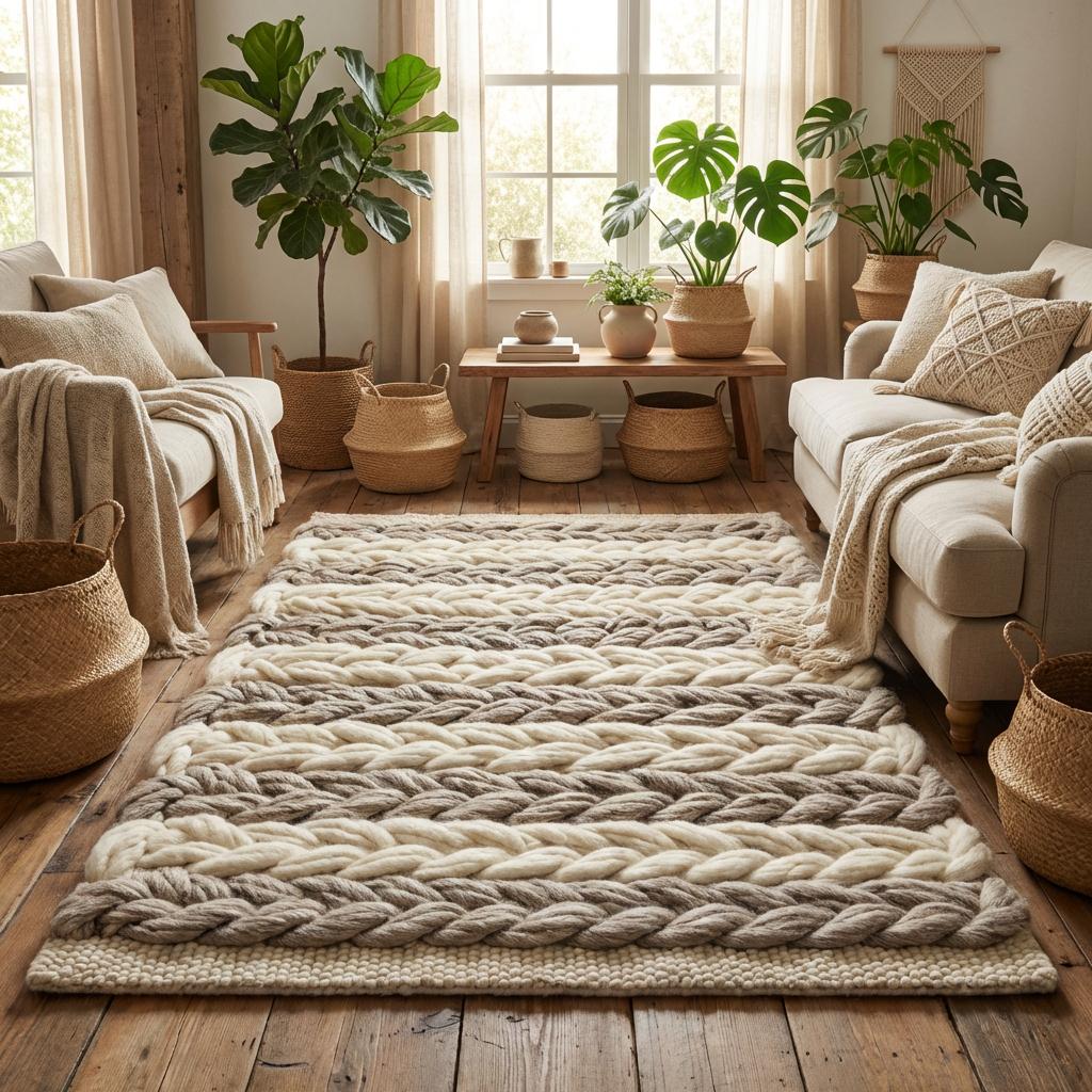 Handwoven chunky wool braided rug in neutral tones for farmhouse and minimalist decor