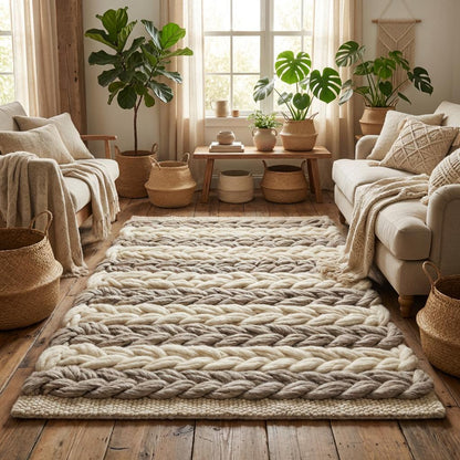 Handwoven chunky wool braided rug in neutral tones for farmhouse and minimalist decor