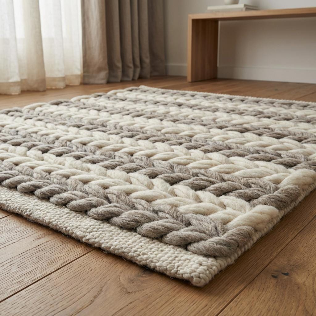 Handwoven chunky wool braided rug in neutral tones for farmhouse and minimalist decor